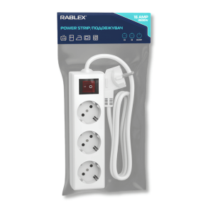 Мережевий фільтр-подовжувач електричний RABLEX, 3 розетки, 16A, 3500W